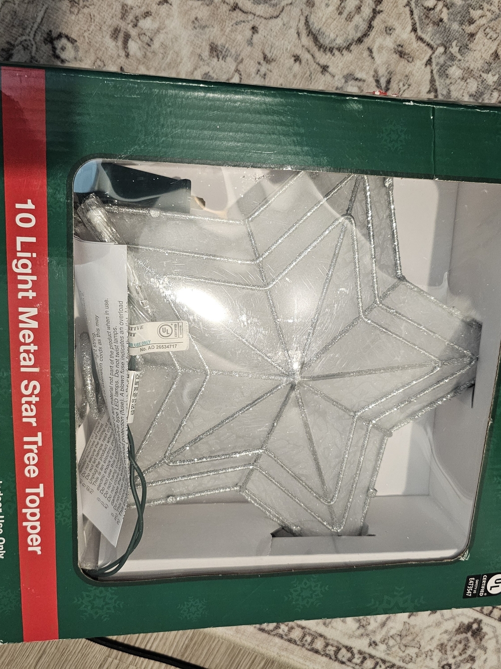 Kurt Adler Silver Glitter Metal Star Tree Topper with Lights